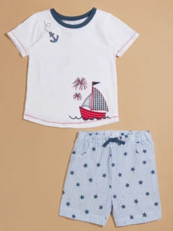 Sailboat Tee And Striped Shorts Set By Mudpie